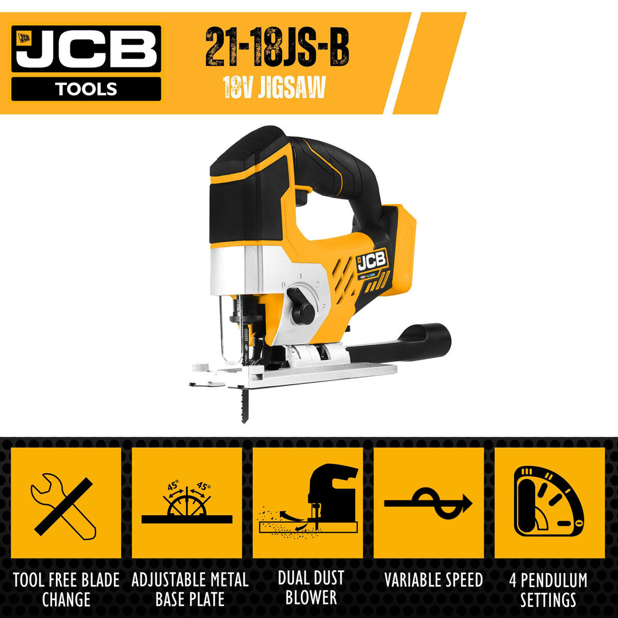 JCB 18V Cordless Jigsaw Li-ion 2Ah-5Ah Battery, 0-45 Degrees Cutting Positions | 21-18JS-B - Bare Unit