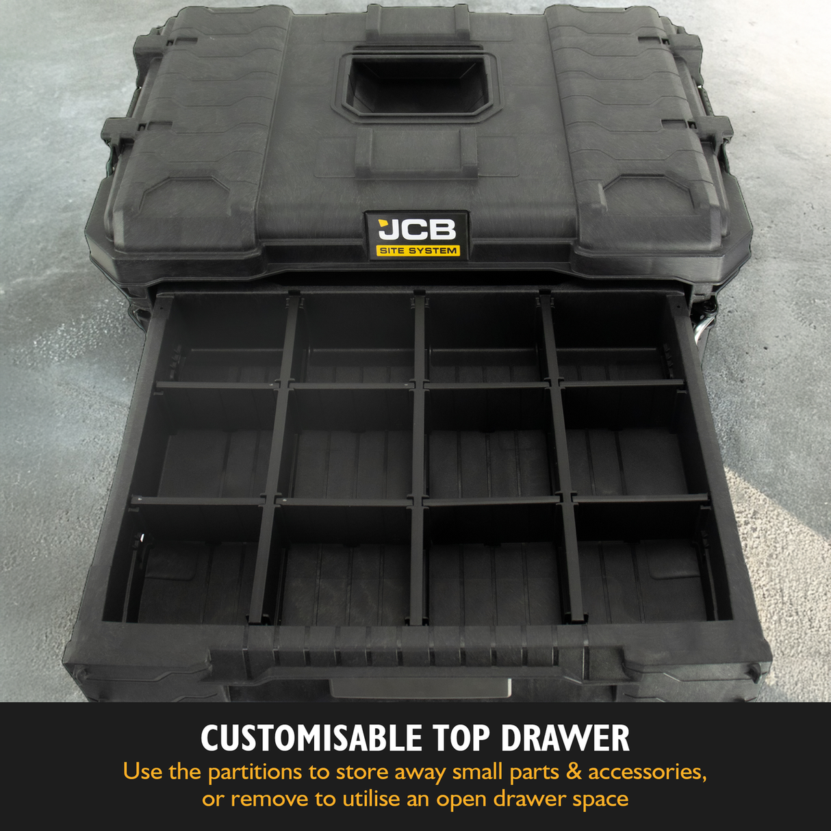 Customisable Top Drawer - use the partitions the store away small parts and accessories, or remove to utilise an open drawer space