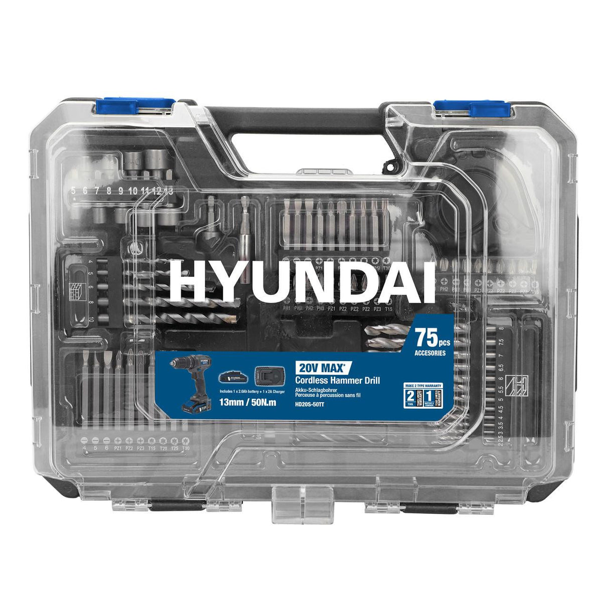Hyundai 20V 50Nm Cordless Hammer Drill, 2-Speed, 13 mm Chuck LED Light | HD20S-50