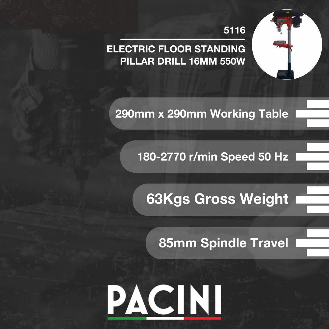 Pacini Electric Floor Standing Pillar Drill 16mm 550W | 5116