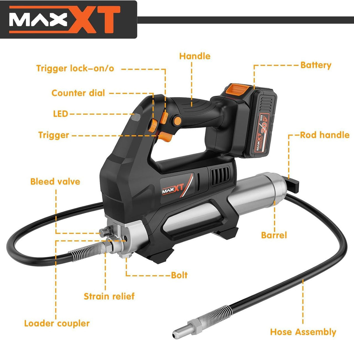 MAXXT 20V Cordless Grease Gun, 20000 PSI, 4.0Ah Battery, Quick Charger, 40” Hose, LED Light & 6 Speed | BA7141-2-UK