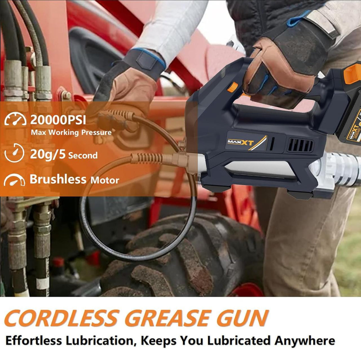 MAXXT 20V Cordless Grease Gun, 20000 PSI, 4.0Ah Battery, Quick Charger, 40” Hose, LED Light & 6 Speed | BA7141-2-UK