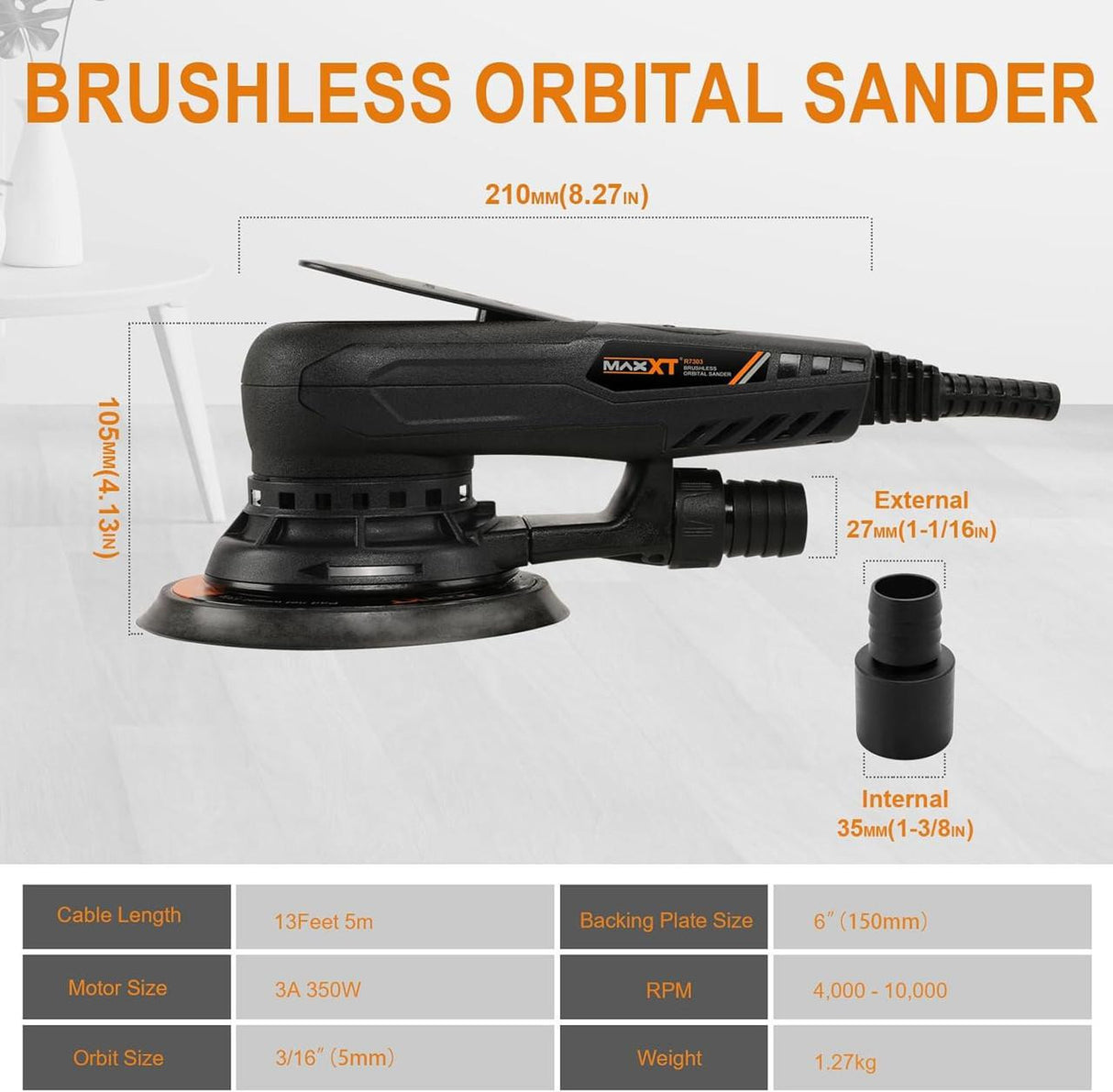 MAXXT 150mm Orbital Sander, 110V, 350W Brushless Motor, 6-Speed 4000-10000 RPM | R7303-4-UK3