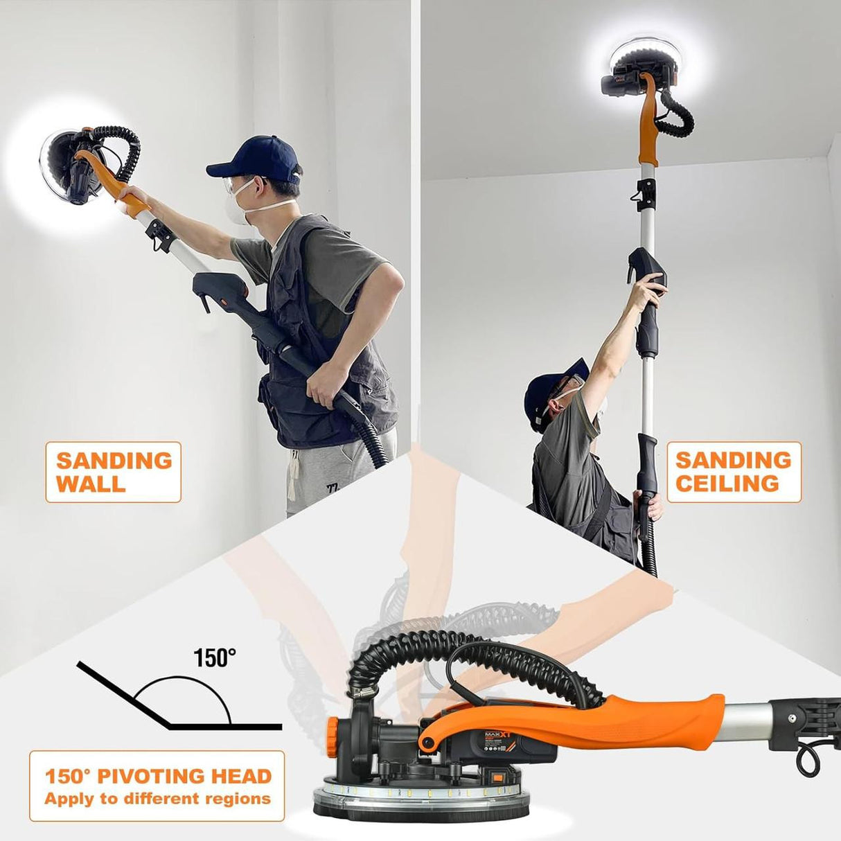 MAXXT Electric Drywall Sander, LED Light, Telescopic Handle, Self-Priming System, 225mm Sanding Disc, Variable Speed (600–1900 RPM) | R7202-F-UK