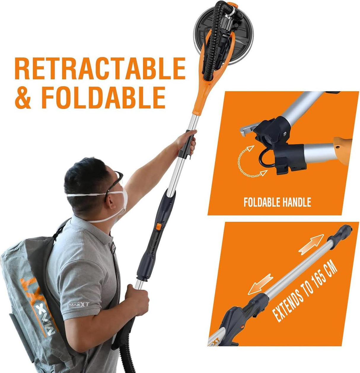MAXXT Electric Drywall Sander, LED Light, Telescopic Handle, Self-Priming System, 225mm Sanding Disc, Variable Speed (600–1900 RPM) | R7202-F-UK