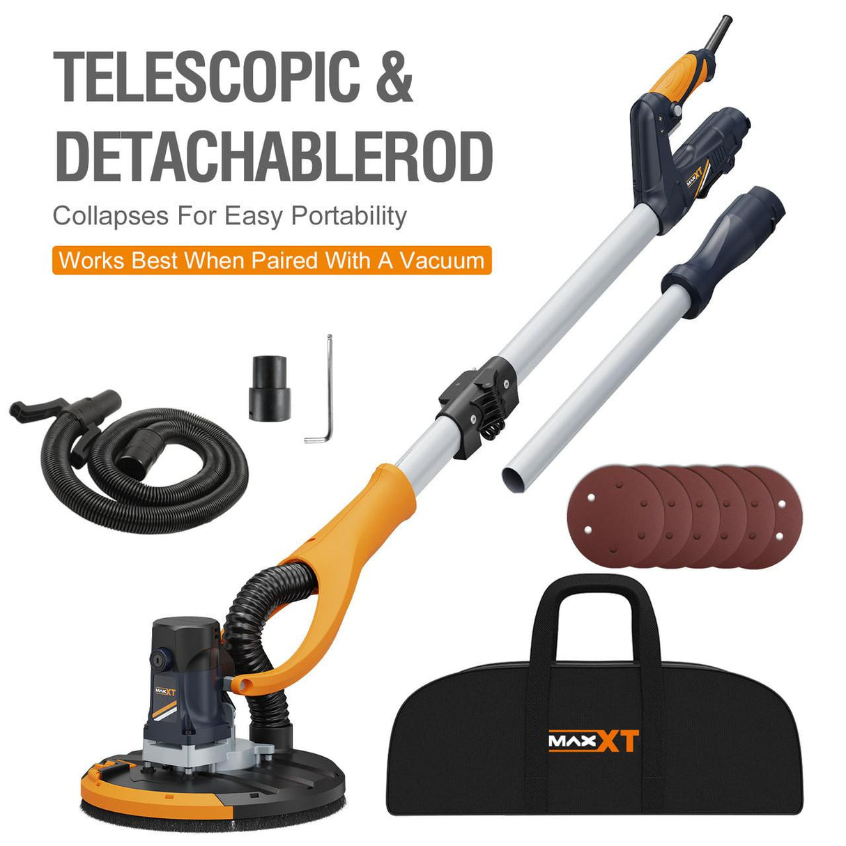 MAXXT Plasterboard Sander, 180° Swivel Head, Telescopic Handle (1.2m/1.7m), Dust Extraction Connection, 6 Sanding Discs & Carry Bag | MLS710B-UK