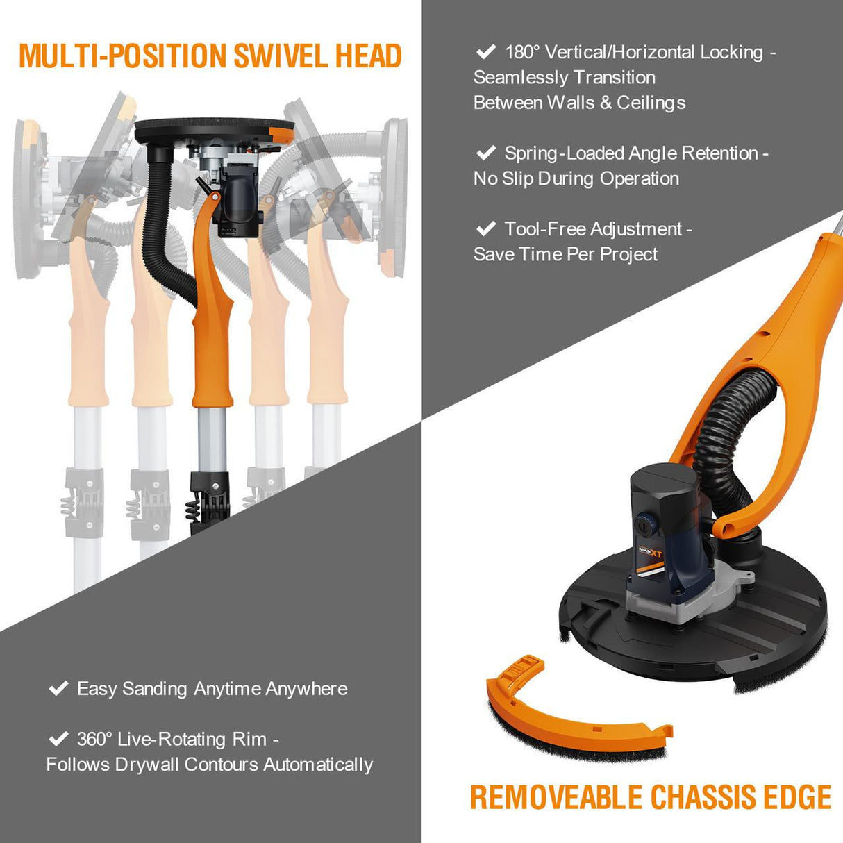 MAXXT Plasterboard Sander, 180° Swivel Head, Telescopic Handle (1.2m/1.7m), Dust Extraction Connection, 6 Sanding Discs & Carry Bag | MLS710B-UK