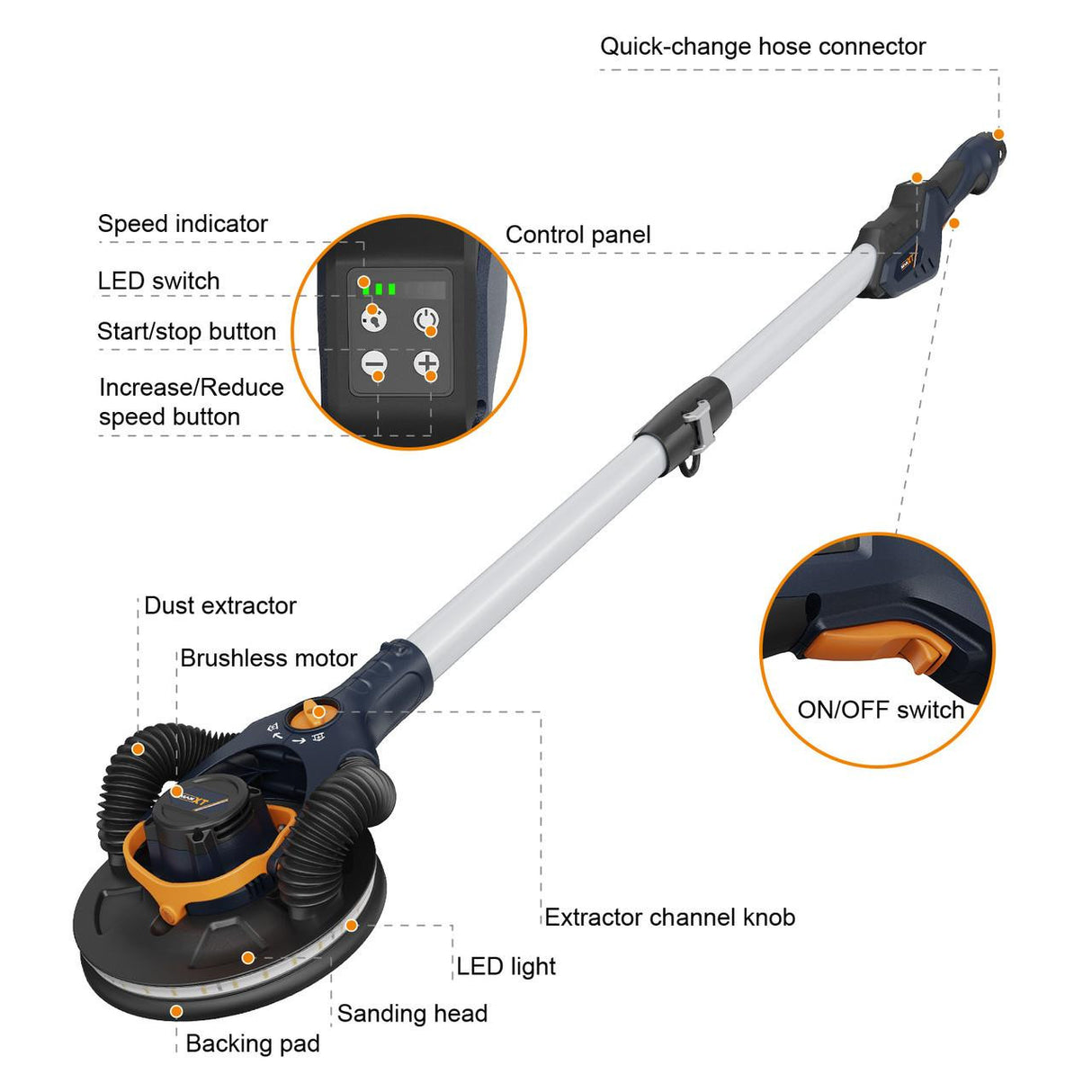 MAXXT Brushless Orbital Drywall Sander, 4mm Orbit , 400W, 215mm Pad , 1.65m Extension Pole | MBLS400FB-UK