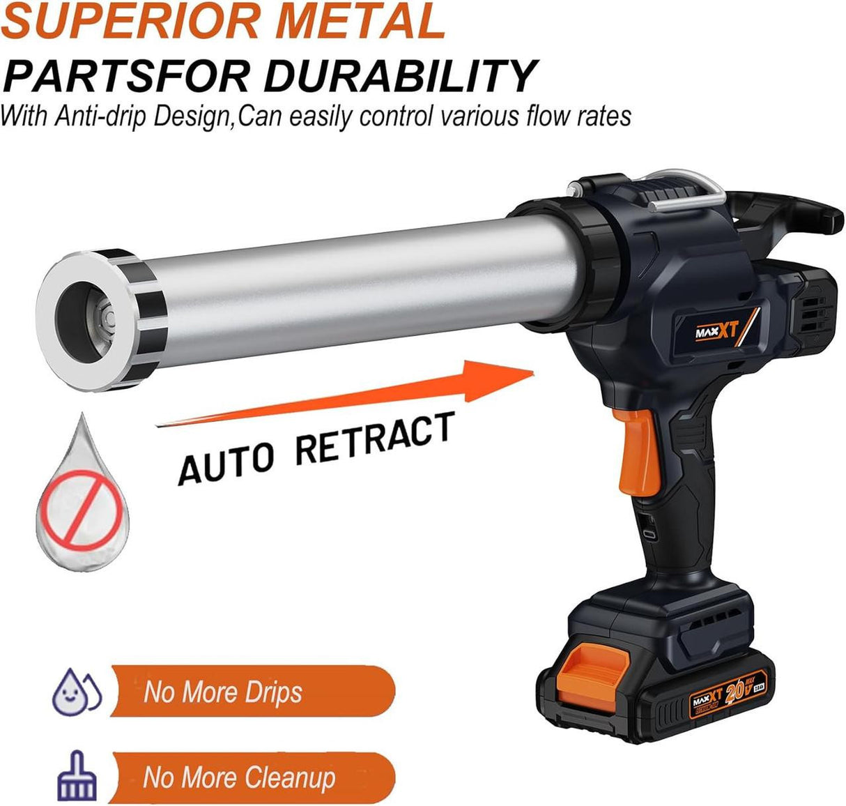 MAXXT 2-in-1 Cordless Caulking & Sausage Gun , 20V , 2×2.0Ah Batteries , 6500N Force, 600ml Capacity , Anti-Drip System | MDCG20V2-UK