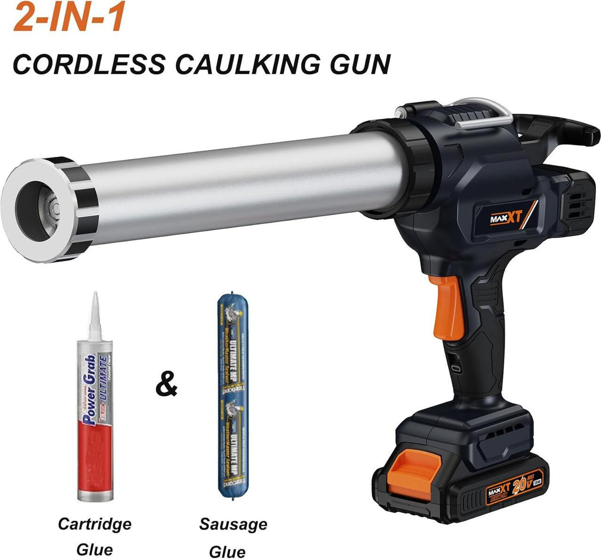 MAXXT 2-in-1 Cordless Caulking & Sausage Gun , 20V , 2×2.0Ah Batteries , 6500N Force, 600ml Capacity , Anti-Drip System | MDCG20V2-UK