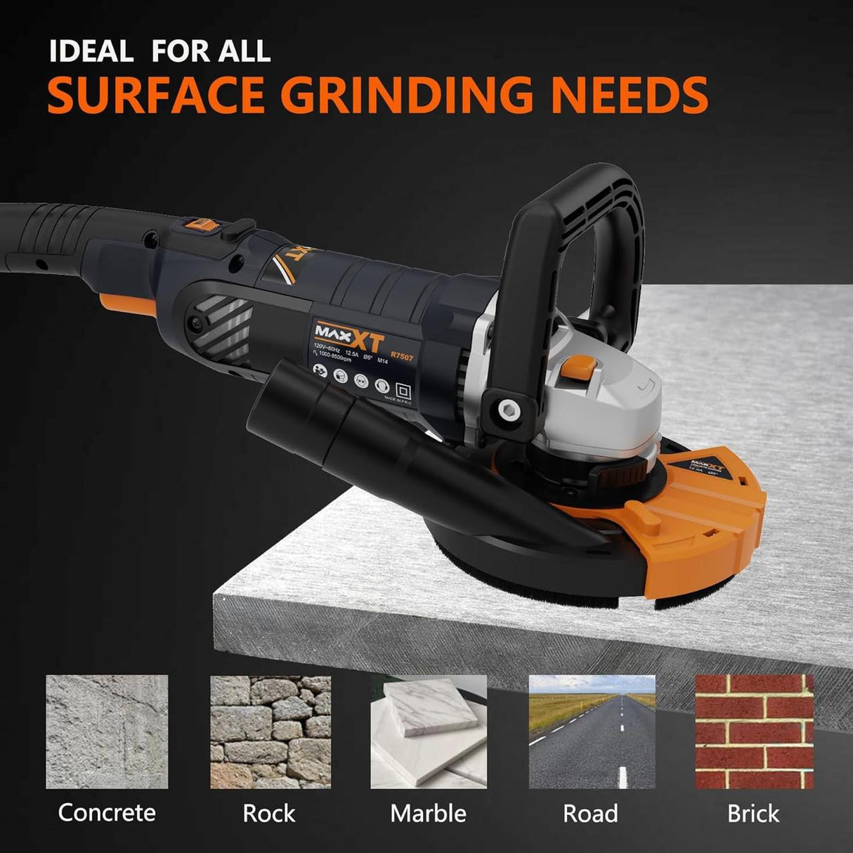 MAXXT 1500W Concrete Grinder Sander, 1000–8500RPM, 7 Variable Speeds, 125mm Discs, Removable Guard, 2 Diamond Grinding Wheels | R7507-UK1