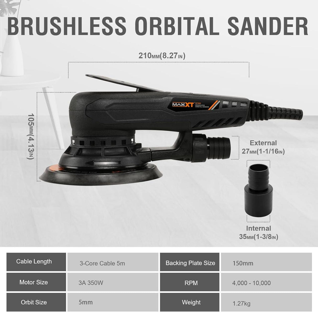 MAXXT 230V Brushless Electric 5.0mm Orbital Sander, 150mm & 125mm Pads, Dual-Speed Control, Central Vac, Inc. Case & Sanding Discs | R7303-4-UK5