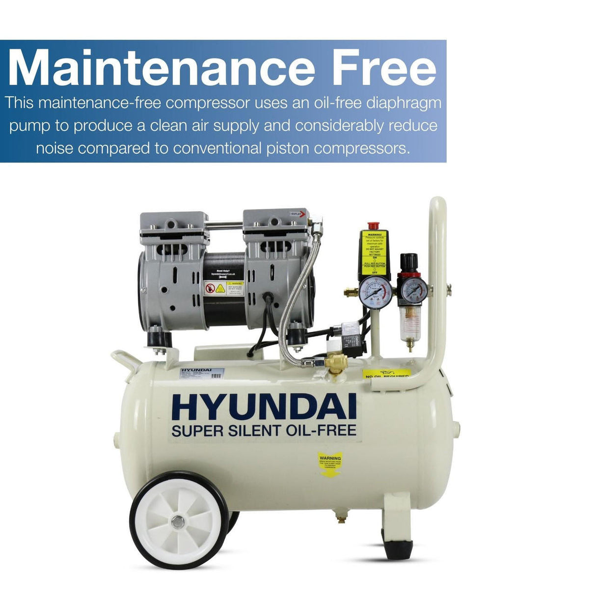 Hyundai 24 Litre Air Compressor, 5.2CFM/100psi, Silenced, Oil Free, Direct Drive 1hp | HY7524
