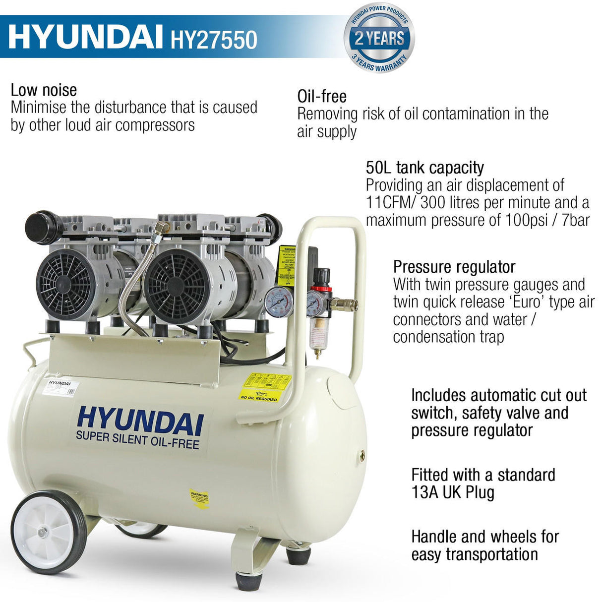 Hyundai 50 Litre Air Compressor, 11CFM/100psi, Oil Free, Low Noise, Electric 2hp | HY27550