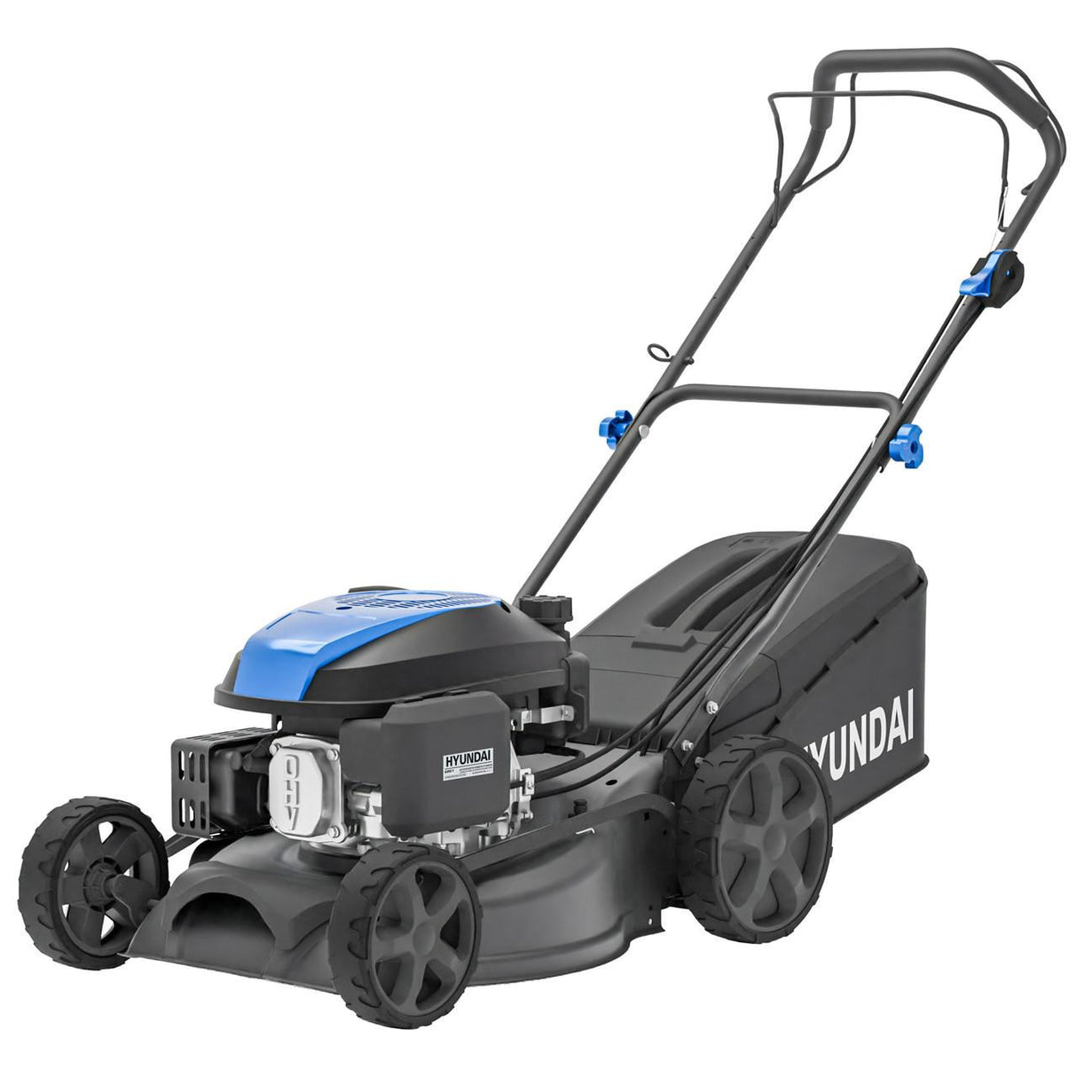 Self propelled Hyundai petrol lawn mower with 43cm steel cutting deck