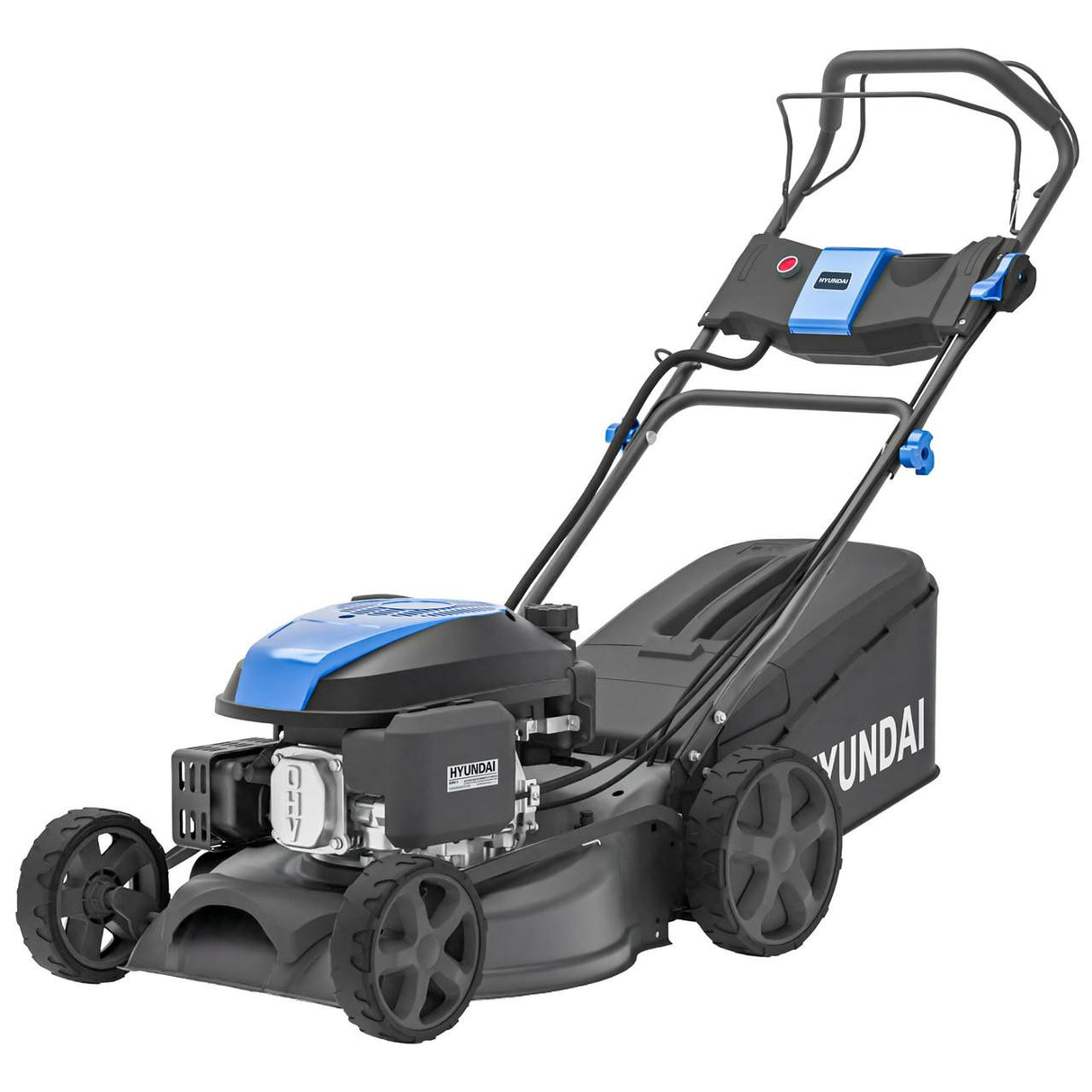Hyundai electric start petrol lawn mower front view with steel cutting deck