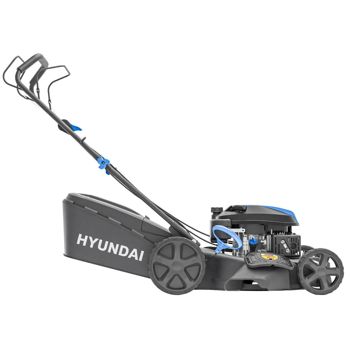 Hyundai 196cc petrol lawn mower front view with wide cutting deck