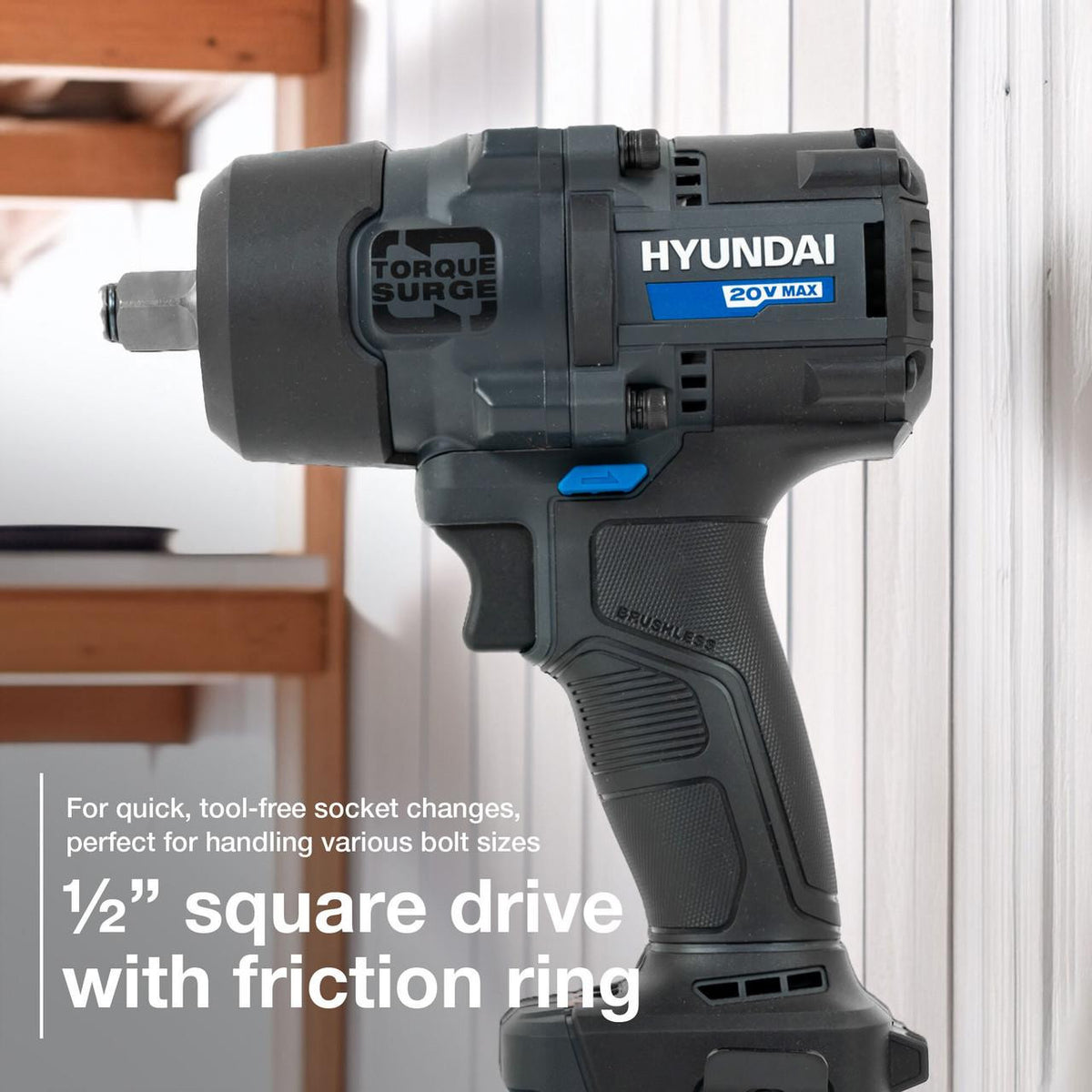 1/2 Square Drive with friction ring - for quick tool-free socket changes, perfect for handling various bold sizes