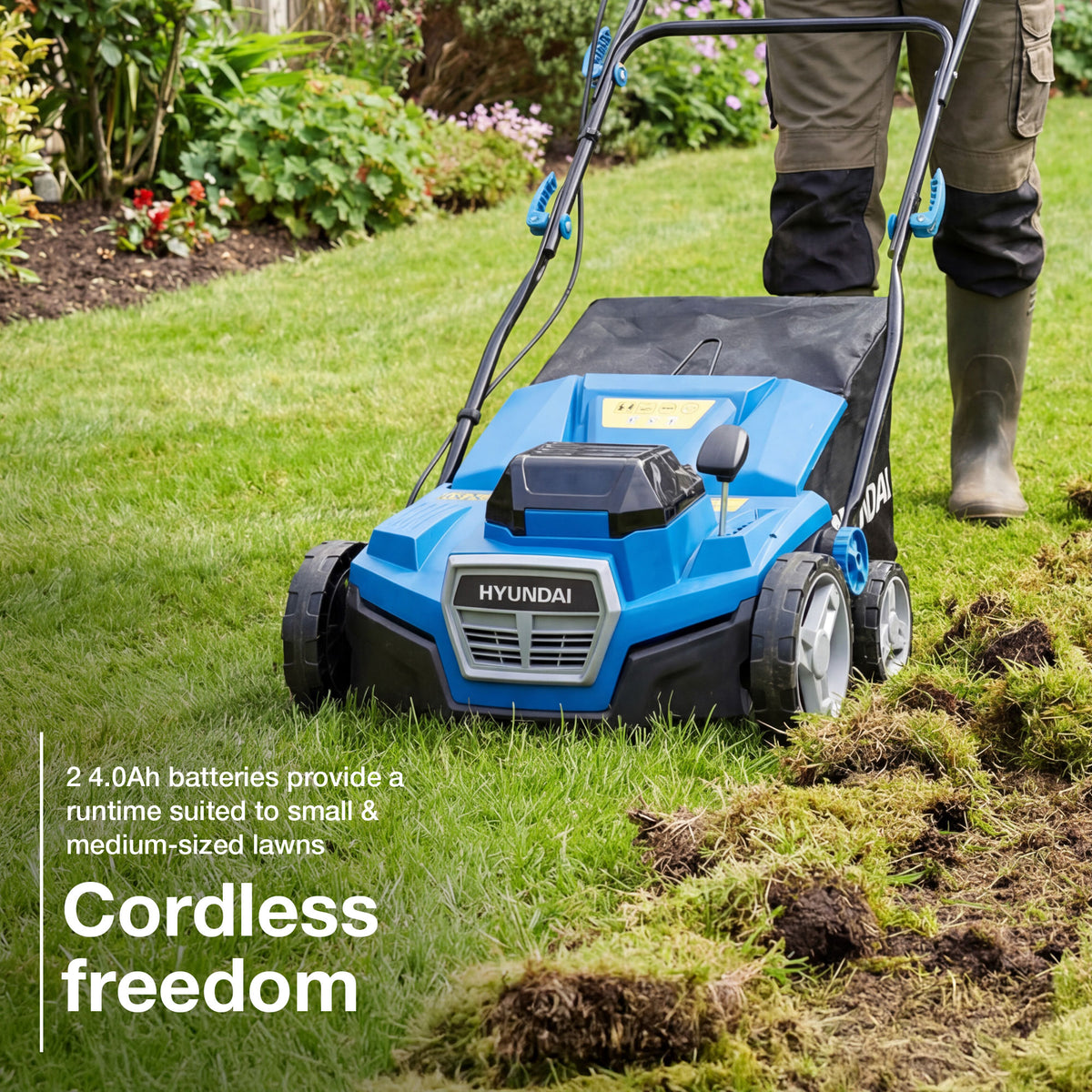 Hyundai 38cm / 15" 2-in-1 Cordless Scarifier & Rake, 40V (2x20V) Brushless, 45L Collection Bag | HY40CSC38