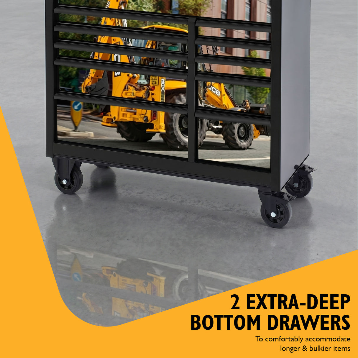 JCB 42’’ Roller Tool Cabinet, 11 Drawers, Steel with Hardwood Worktop and Backhoe Loader Wrap | JCBBHLRCBB