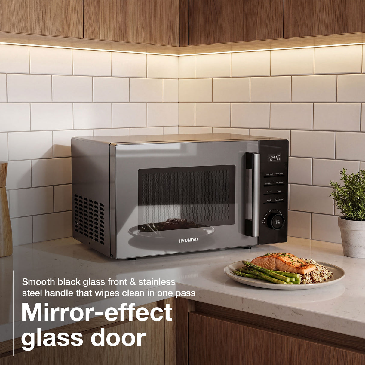 Hyundai 900W 23L Black Digital Microwave, Mirror-Effect Glass Door, Stainless Steel Interior | HYMW90023DB