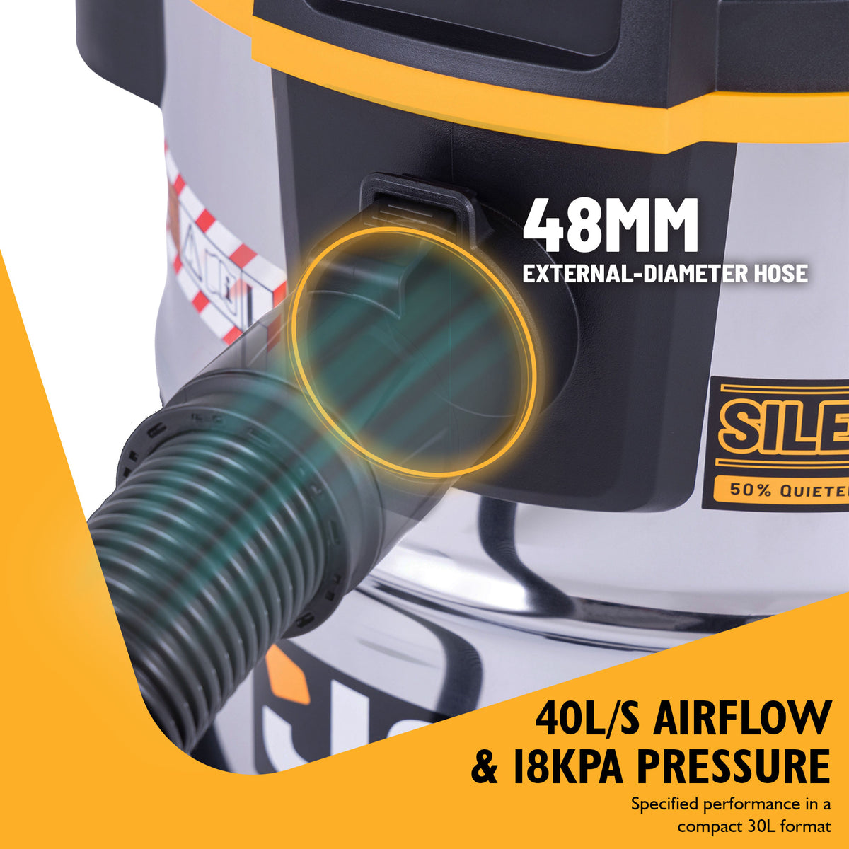 JCB, Silent Pro 30L L-Class Stainless Steel Wet & Dry Vacuum Cleaner, 65dB(A) | JCB-SVACS-30L