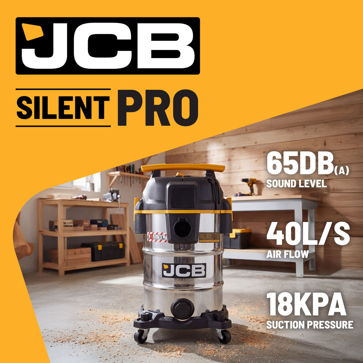 JCB, Silent Pro 30L L-Class Stainless Steel Wet & Dry Vacuum Cleaner, 65dB(A) | JCB-SVACS-30L