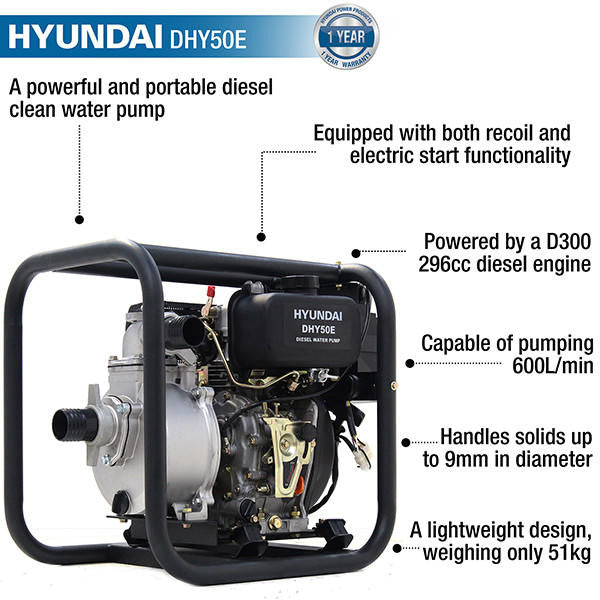 Hyundai 50mm 2''Diesel Water Pump, 33m Total Head, 8m Lift, 600L/min Flow Rate, 6hp, 221cc| DHY50E