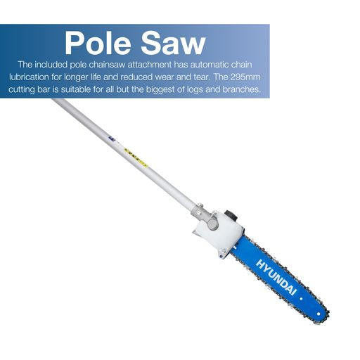 Pole Saw: The included pole chainsaw attachment has automatic chain lubrication for longer life and reduced wear and tear. The 295mm cutting bar is suitable for all but the biggest of logs and branches.