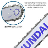 20 inch bar and chain to tackle anything from large trees, cutting firewood to small garden clearance jobs.