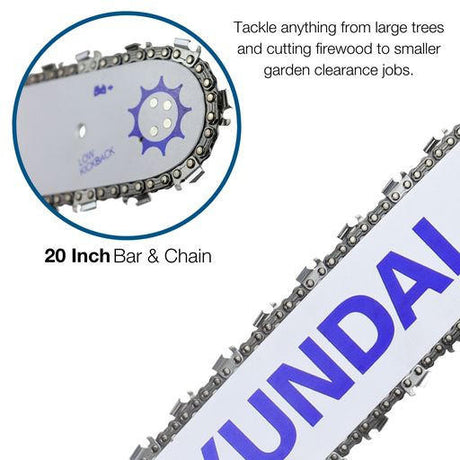 20 inch bar and chain to tackle anything from large trees, cutting firewood to small garden clearance jobs.