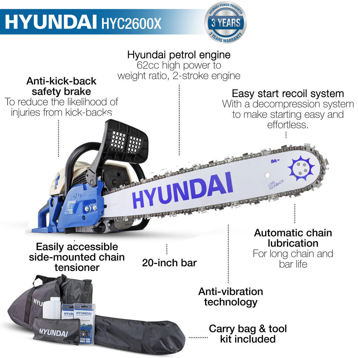 Key Features of the Hyundai 20" 62cc Petrol Chainsaw
