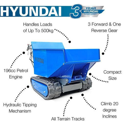 Hyundai 196cc 500kg Petrol Tracked Mini Dumper Power Barrow Transporter | HYTD500