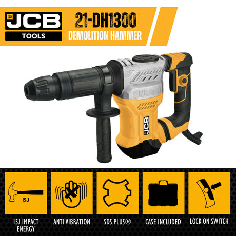 Our JCB  21-DH1300 demolition hammer drill packs a punch with an impressive 15J of impact force, making it ideal for tackling tough materials like brick, blockwork, asphalt, and concrete with ease.