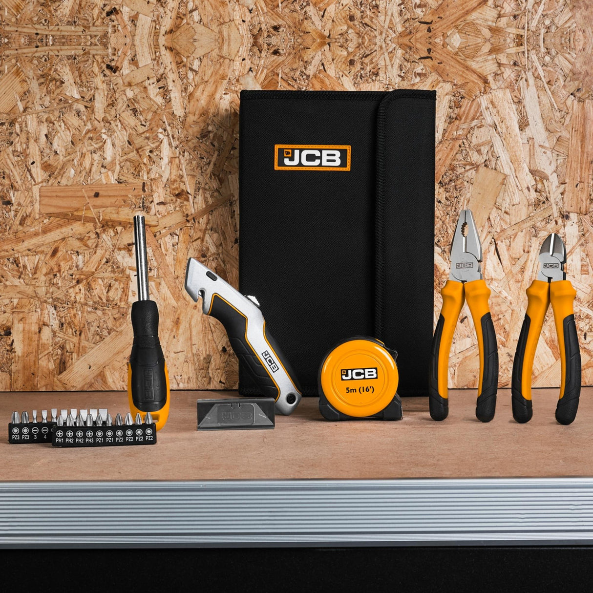 JCB 26 Piece Tool Set inc. Pliers, Cutters,  Blades, Measuring Tape, Screwdrivers and more in a Carrying Case | JCB-26-SET