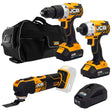 JCB 18V B/L Combi Drill B/L Impact Driver Multi Tool Kit 2x 2.0ah charger in 26" wheeled kit bag | 21-18TPKMT-2