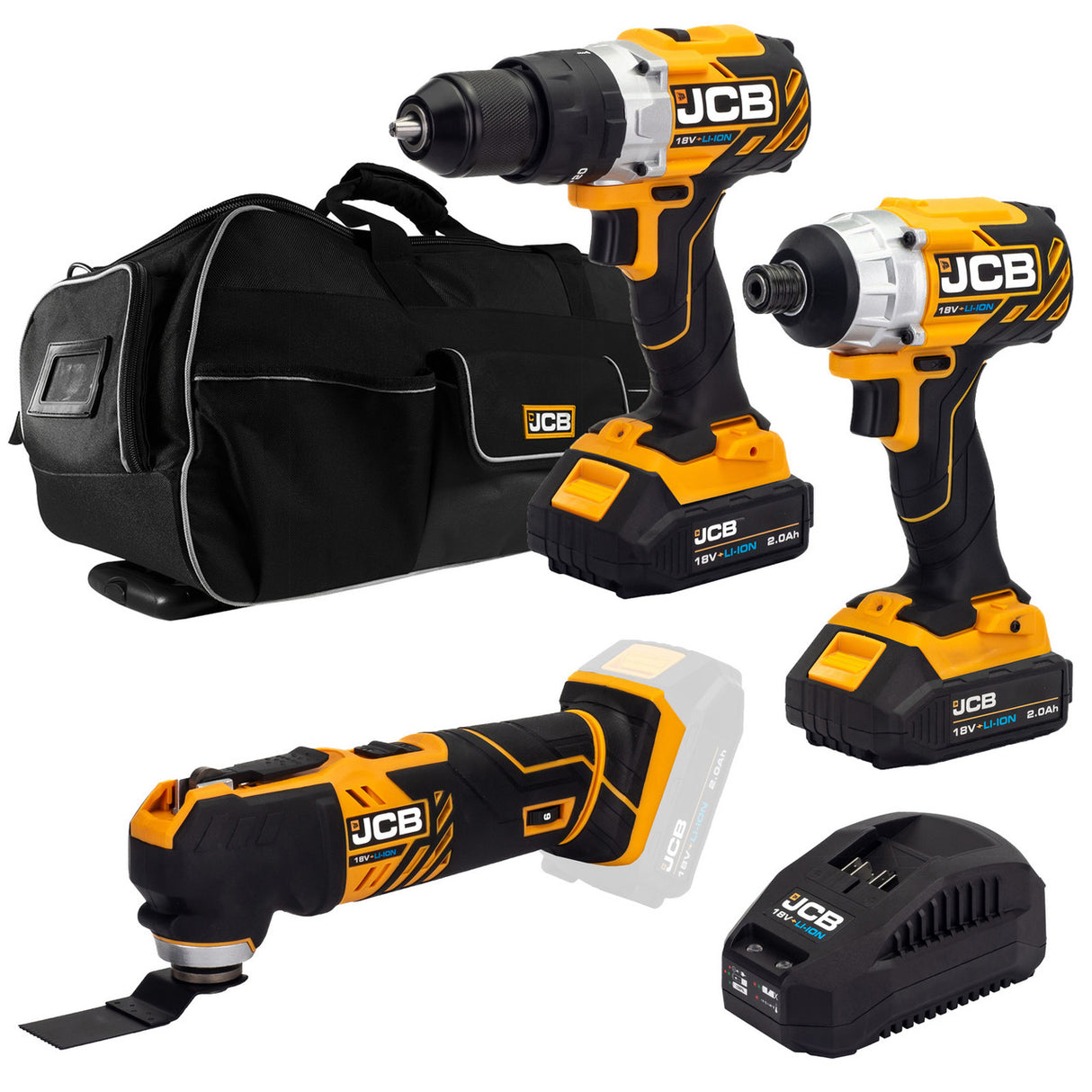 JCB 18V B/L Combi Drill B/L Impact Driver Multi Tool Kit 2x 2.0ah charger in 26" wheeled kit bag | 21-18TPKMT-2