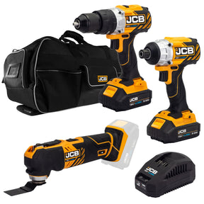JCB 18V B/L Combi Drill B/L Impact Driver Multi Tool Kit 2x 2.0ah charger in 26" wheeled kit bag | 21-18TPKMT-2