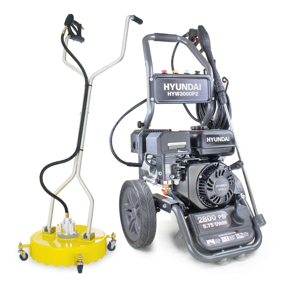 Hyundai 2800psi 213bar Petrol Pressure Washer 8.75L/min 7hp 212cc, Triple-piston Axial Pump &  Whirlaway 18" Rotary Flat Surface Cleaner | HYW3000P2+85.403.005