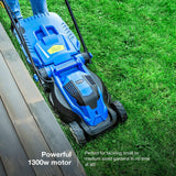Hyundai 33cm 1300W Electric Lawn Mower, 11m Detachable Power Cable, 3 Heights & 30L Collection Bag