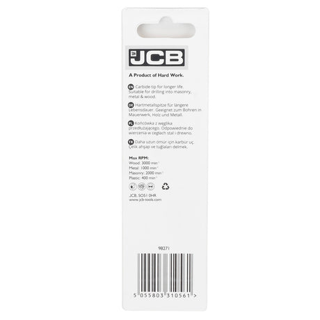 Unwrap excellence with the JCB Multi-Purpose Drill Bit packaging. A testament to quality, the package showcases the drill bit's key features – from its durable carbon steel construction to the impressive carbide tip. The sleek design reflects JCB's commitment to performance and reliability. Invest in precision and durability, neatly packaged for your convenience – the ultimate tool for your drilling needs.