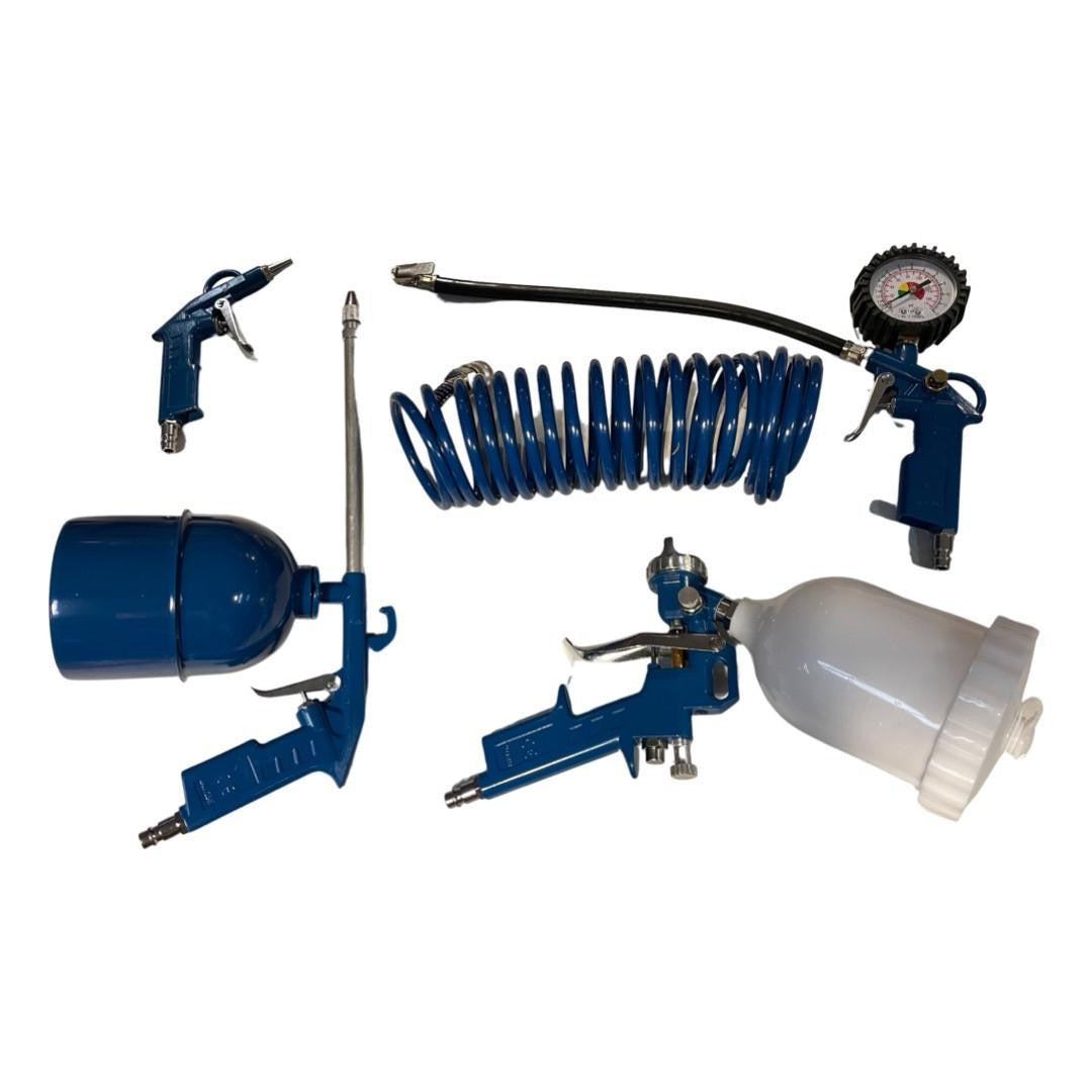 5 Piece Air Compressor Tool Kit Tyre Inflator Pressure Gauge Degreaser & Paint Gun Air Hose