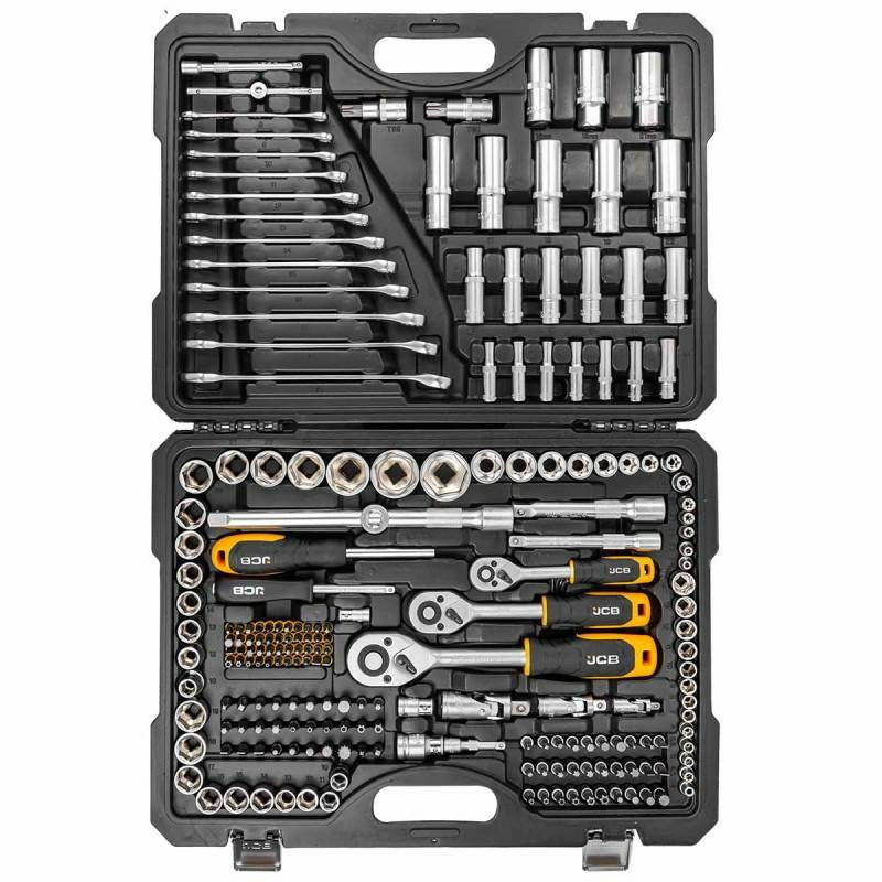 The JCB 218 Piece Socket and Tool Set is an extensive toolset featuring a wide array of sockets, bits, wrenches, and accessories