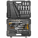 The JCB 218 Piece Socket and Tool Set is an extensive toolset featuring a wide array of sockets, bits, wrenches, and accessories