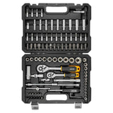 The JCB 94 Piece Tool Set, - JCB-4941-5DS is a comprehensive 1/4'' and 3/8'' Socket and Bit Set for repair and maintenance tasks, from automotive servicing to construction projects.