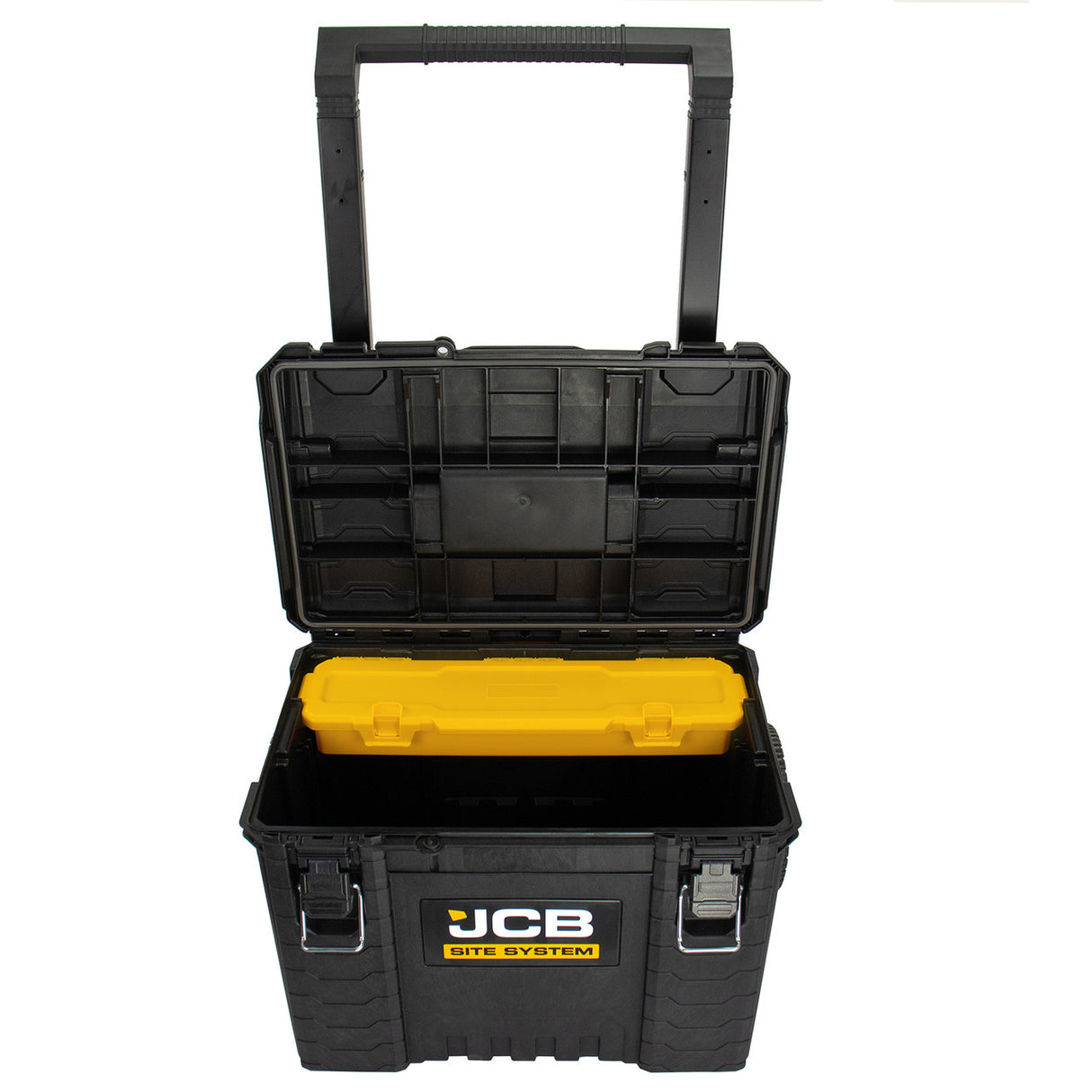 1 x JCB Site System Cart  also features a durable hinged lid, an internal organiser for tidy storage.