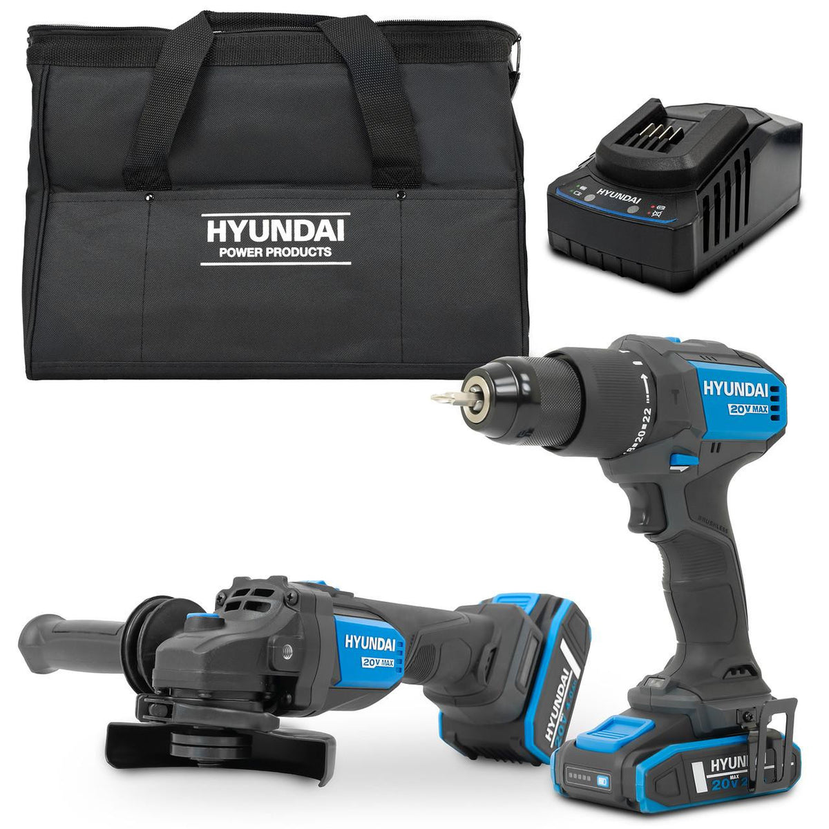 20V Cordless Hammer Drill 60Nm Angle Grinder 115mm Brushless Kit inc. 2.0Ah 4.0Ah Li ion Battery 2A