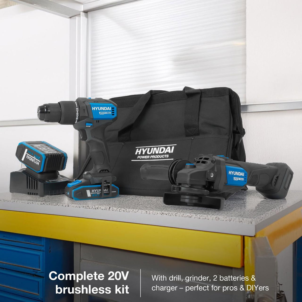Hyundai 20V Cordless Hammer Drill 60Nm and Angle Grinder 115mm Brushless Kit, inc. 2.0Ah and 4.0Ah Li-ion Battery and 2A Charger  | S02-FTB