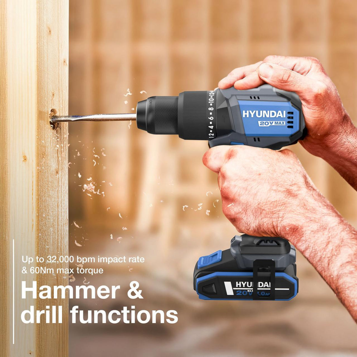 Hyundai 20V Cordless Hammer Drill 60Nm and Angle Grinder 115mm Brushless Kit, inc. 2.0Ah and 4.0Ah Li-ion Battery and 2A Charger  | S02-FTB