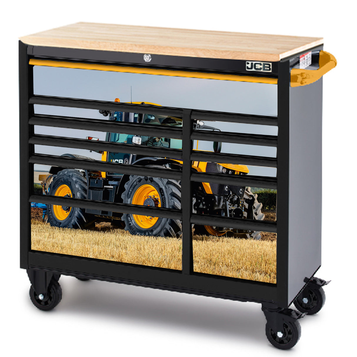 JCB 42’’ Roller Tool Cabinet, 11 Drawers, Steel with Hardwood Worktop and Fastrac Tractor Wrap | JCBFSTRCBB